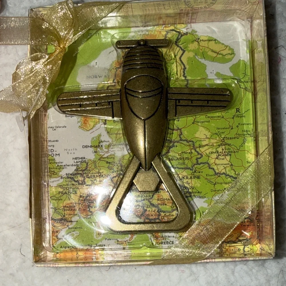 Gold Tone‎ Bottle Opener Gift Set Vintage Looking Airplane NEW in Box